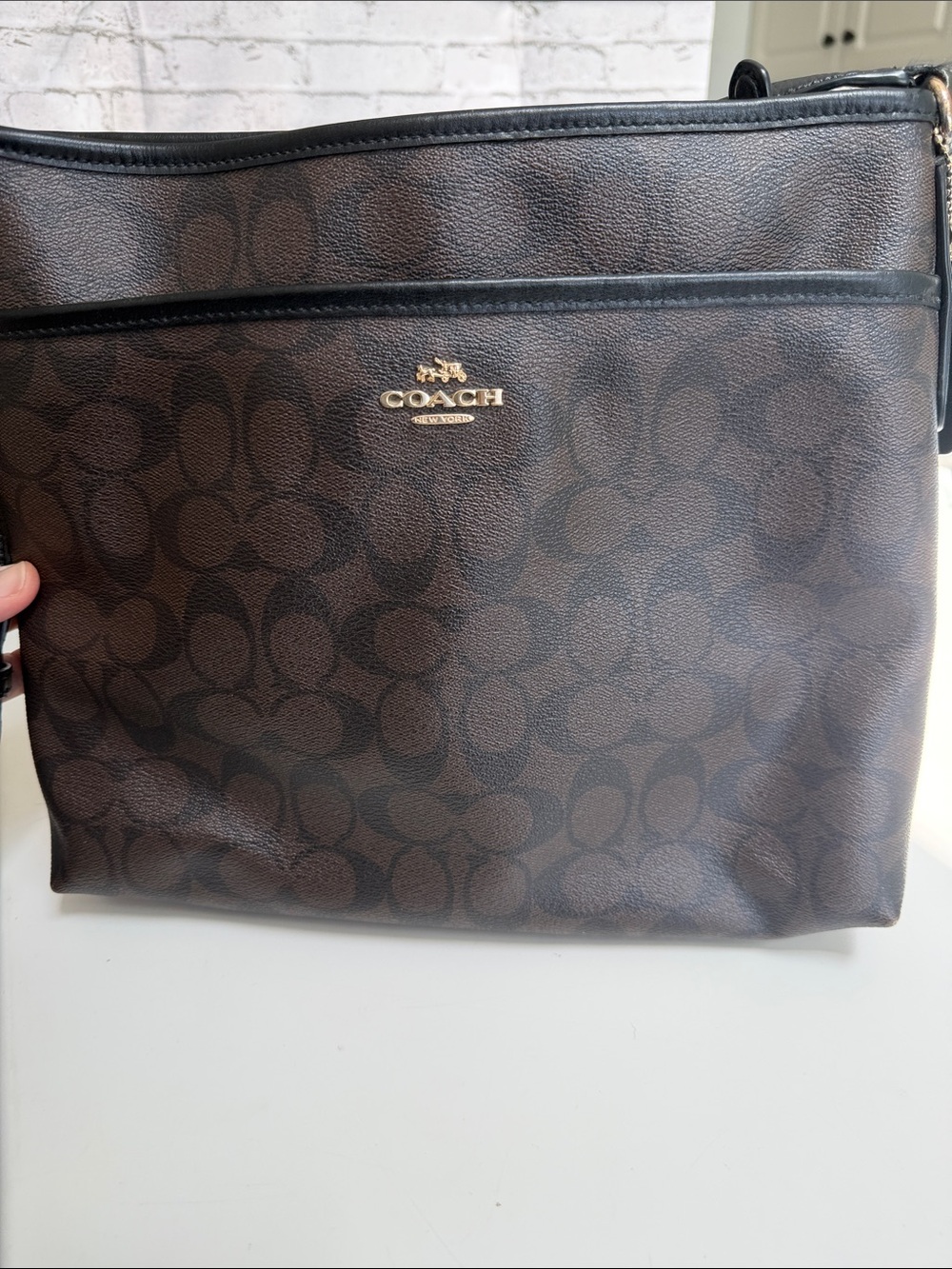 Coach Men’s Brown Signature Messenger Bag with Gold Logo